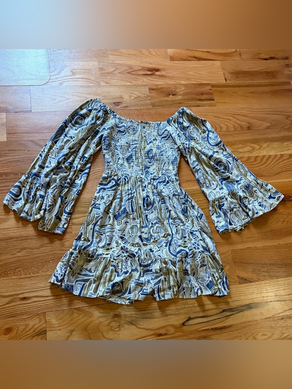 Angels Off-Shoulder Mini Dress in Blue and Olive